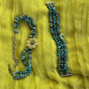 Jewelry set. Turquoise, jade and silver bracelet with matching necklace.